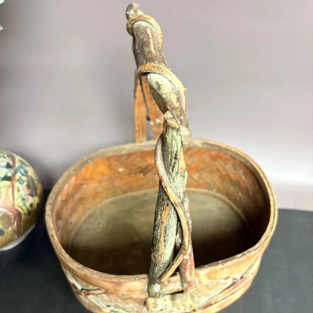 Vintage Woven Basket | Rustic Oval Gathering Caddy | Wood Fairycore Decor